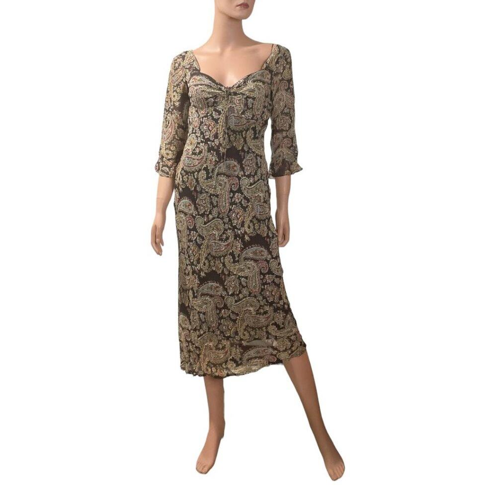FREE PEOPLE Mod Brown Paisley Print Flowy & Ruffled Boho Hippie Chic Maxi Dress